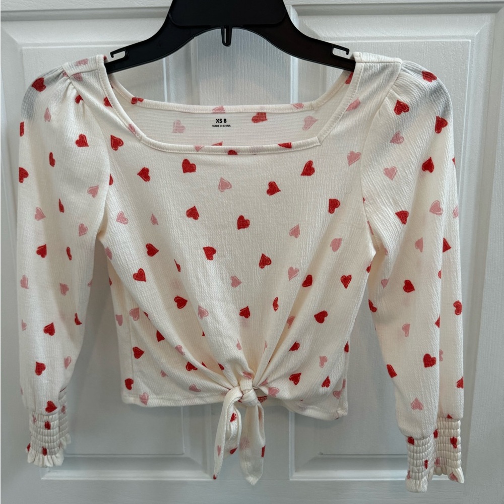 Girl’s Sz. M (8) Evsie Cream Colored Valentines Heart Tie Top